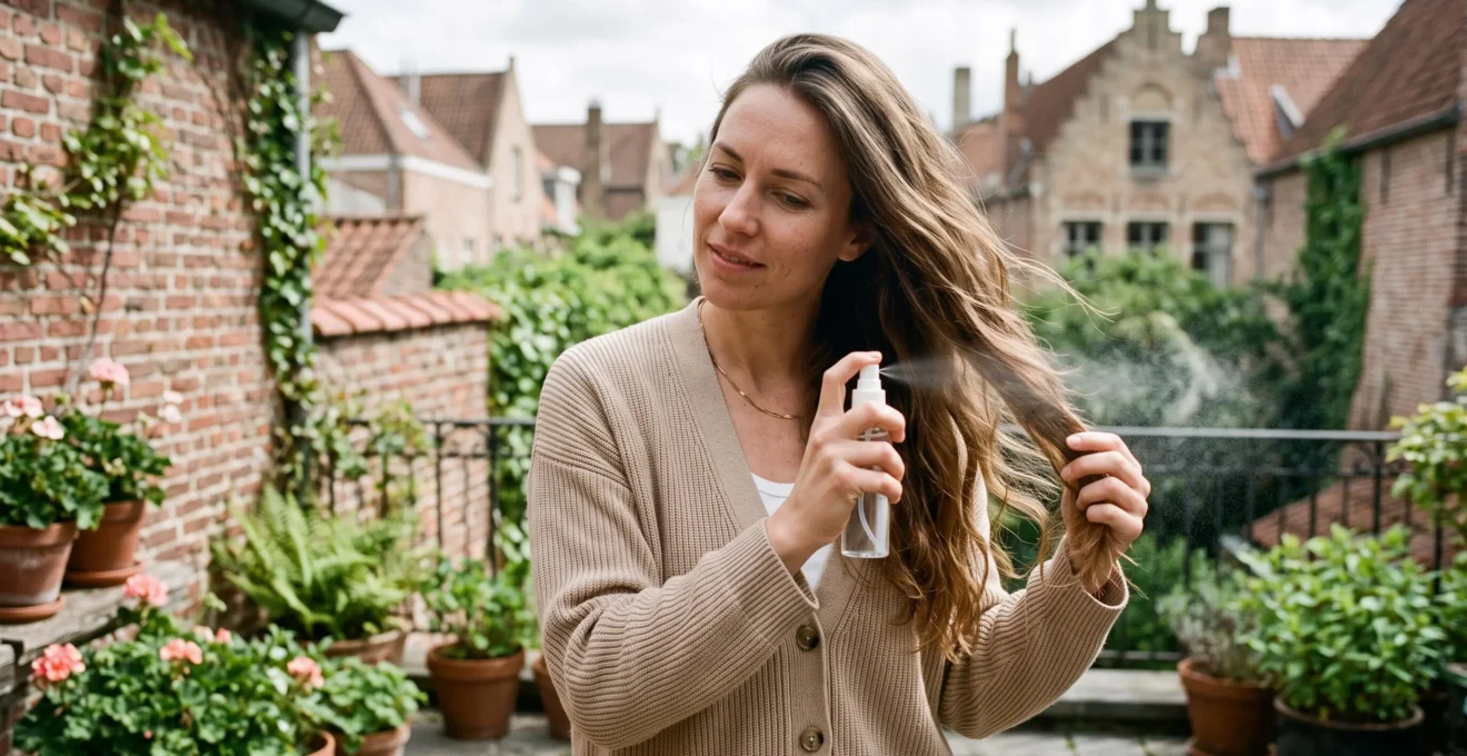Une femme vaporise une brume capillaire anti-UV sur ses longueurs depuis une terrasse ensoleillée au printemps.