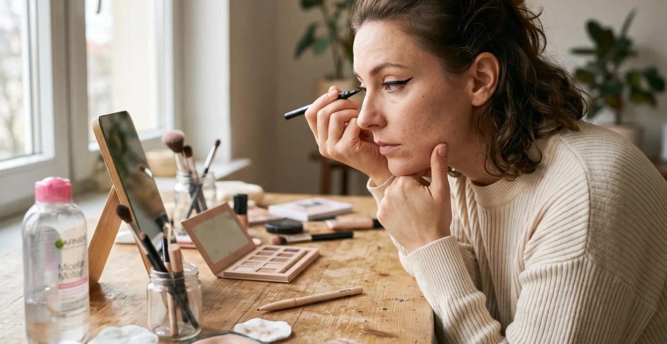 Une femme trace un eyeliner graphique au feutre devant un miroir posé sur une table de coiffeuse, le coude posé sur la table.